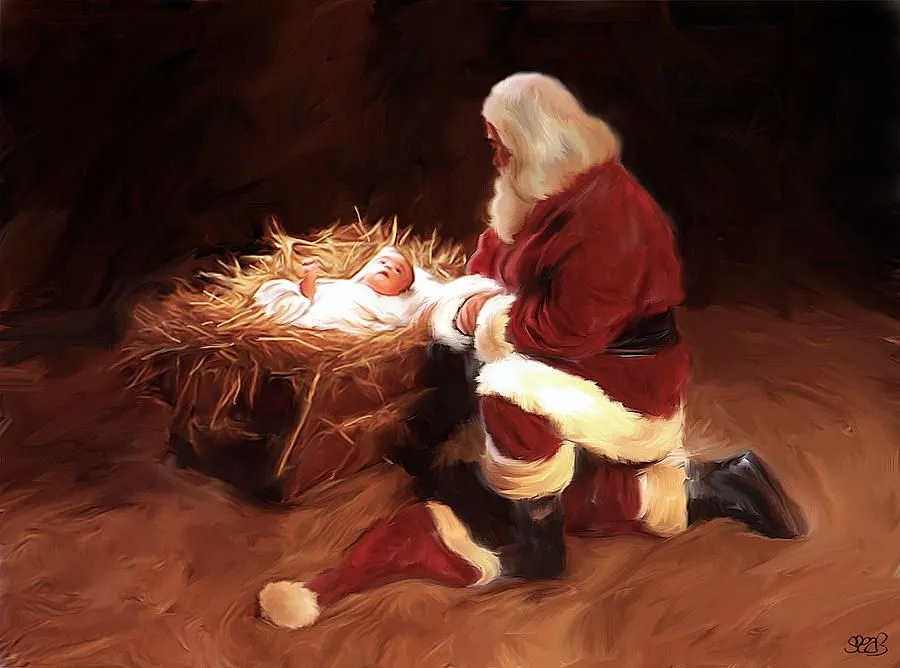 Santa Kneeling Before Baby Jesus